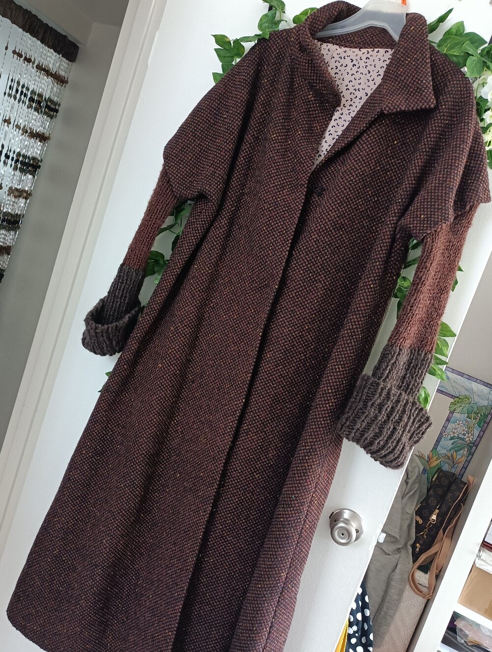 Stylish Long Brown Heathered Knit Women's Sweater Coat, 🧥 Size XL/XXL